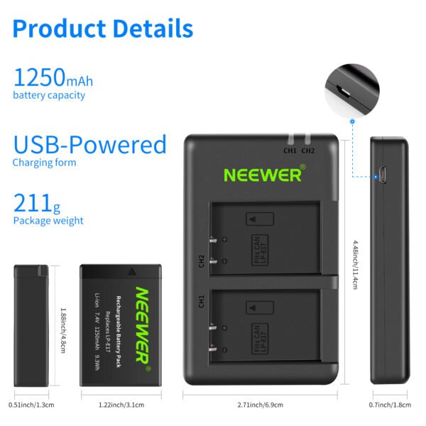 NEEWER Paquete de 2 baterías de repuesto LP-E17 para cámaras Canon EOS R8, R10, R50, 77D, 750D, M6 II, M6...(paquete de 2 unidades) - Image 3