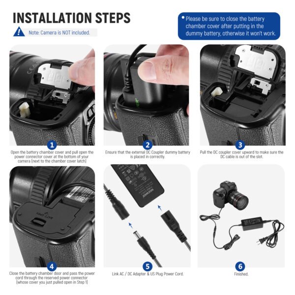 NEEWER LP-E6 Adaptador de corriente alterna de batería, fuente de alimentación de repuesto con kit de cargador de acoplador de CC de 8V 3A compatible - Image 3