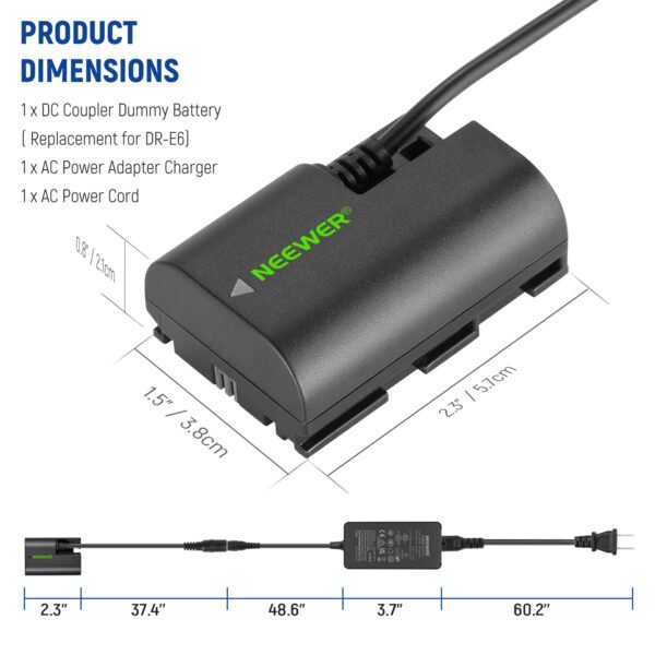 NEEWER LP-E6 Adaptador de corriente alterna de batería, fuente de alimentación de repuesto con kit de cargador de acoplador de CC de 8V 3A compatible - Image 7