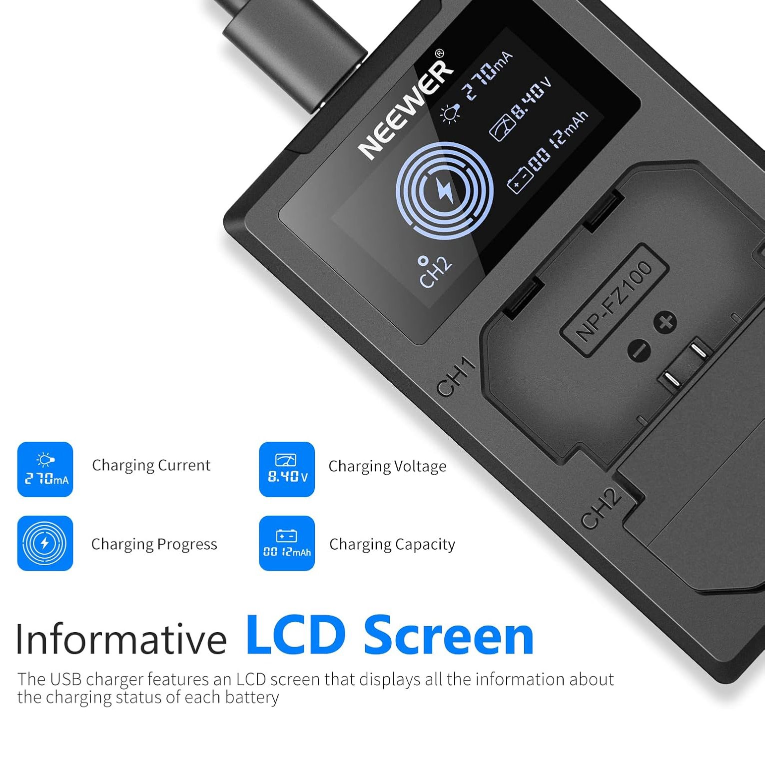 NEEWER Batería de repuesto NP-FZ100 de 2280 mAh con kit de cargador USB de doble canal - Image 5