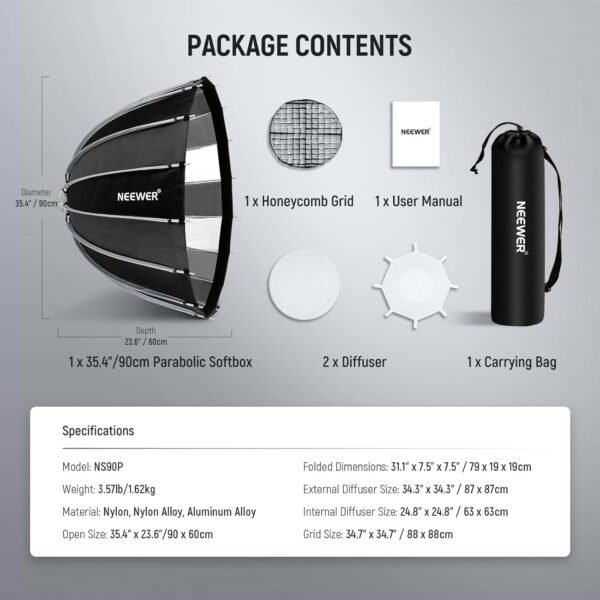 NEEWER NS90P 35.4"/90cm Parabolic Softbox Bowens Mount, liberación rápida con difusores/rejilla/bolsa - Image 8