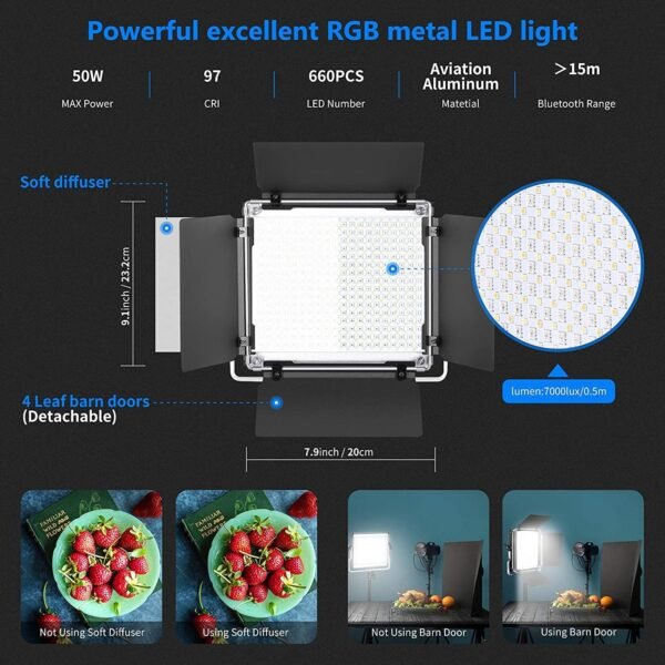 NEEWER Luz LED RGB 660 PRO de video con control de aplicación/puerta de granero/soporte en U, 360° a todo color, CRI 97+, 50 W - Image 2