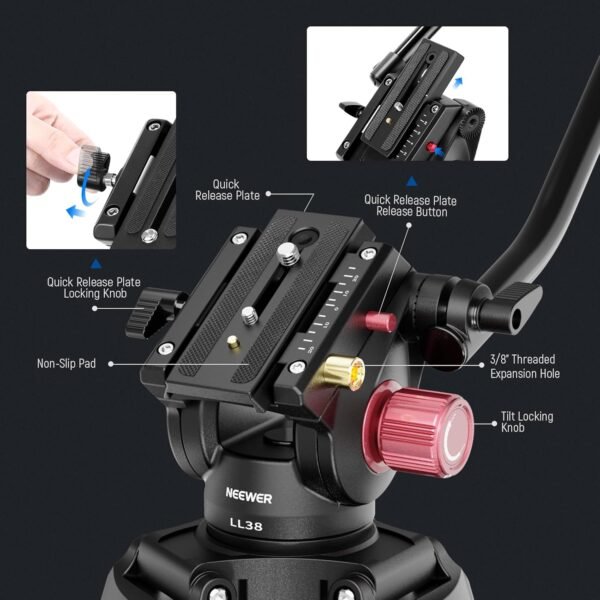 NEEWER LL38 2m Video Camera Tripod, One Step Quick Release Aluminum Heavy Duty Tripod Stand, Max Load 17.6lb - Image 4