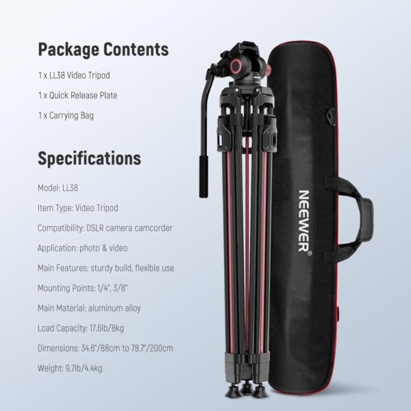 NEEWER LL38 2m Video Camera Tripod, One Step Quick Release Aluminum Heavy Duty Tripod Stand, Max Load 17.6lb - Image 7