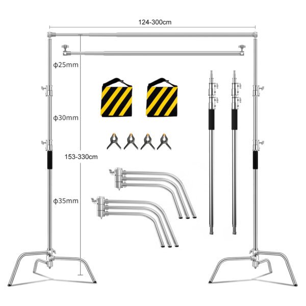 Kit de Soporte C de luz de acero inoxidable de fondo de soporte de trípode de alta resistencia, soporte de fondo ajustable de 3m x 3.3m