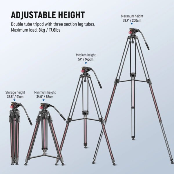 NEEWER LL38 2m Video Camera Tripod, One Step Quick Release Aluminum Heavy Duty Tripod Stand, Max Load 17.6lb - Image 2