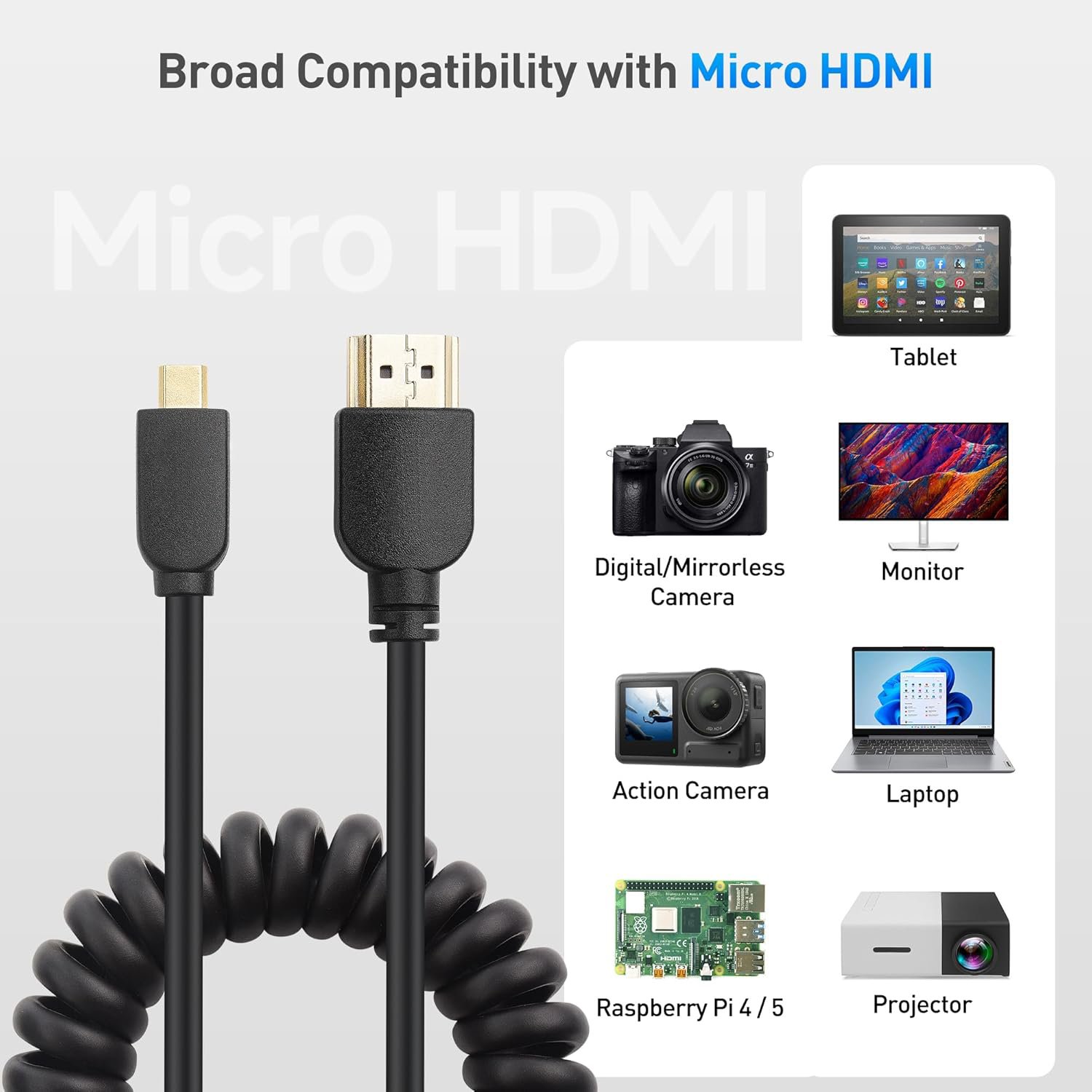 Cable HDMI a Micro HDMI en espiral de 4K de 50~240cm, 4K @60Hz, 2K @120Hz - Image 3