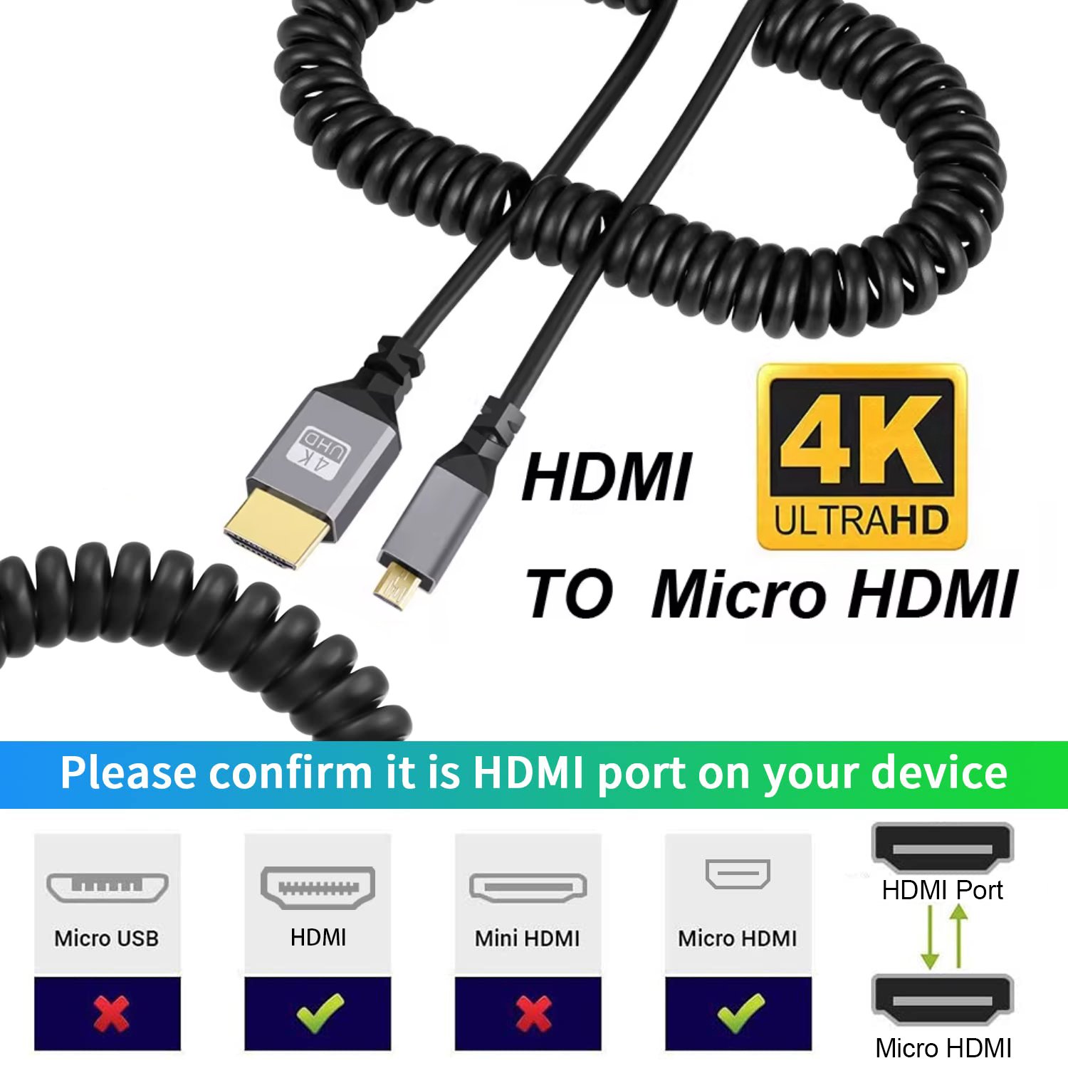 Cable HDMI a Micro HDMI en espiral de 4K de 50~240cm, 4K @60Hz, 2K @120Hz - Image 4