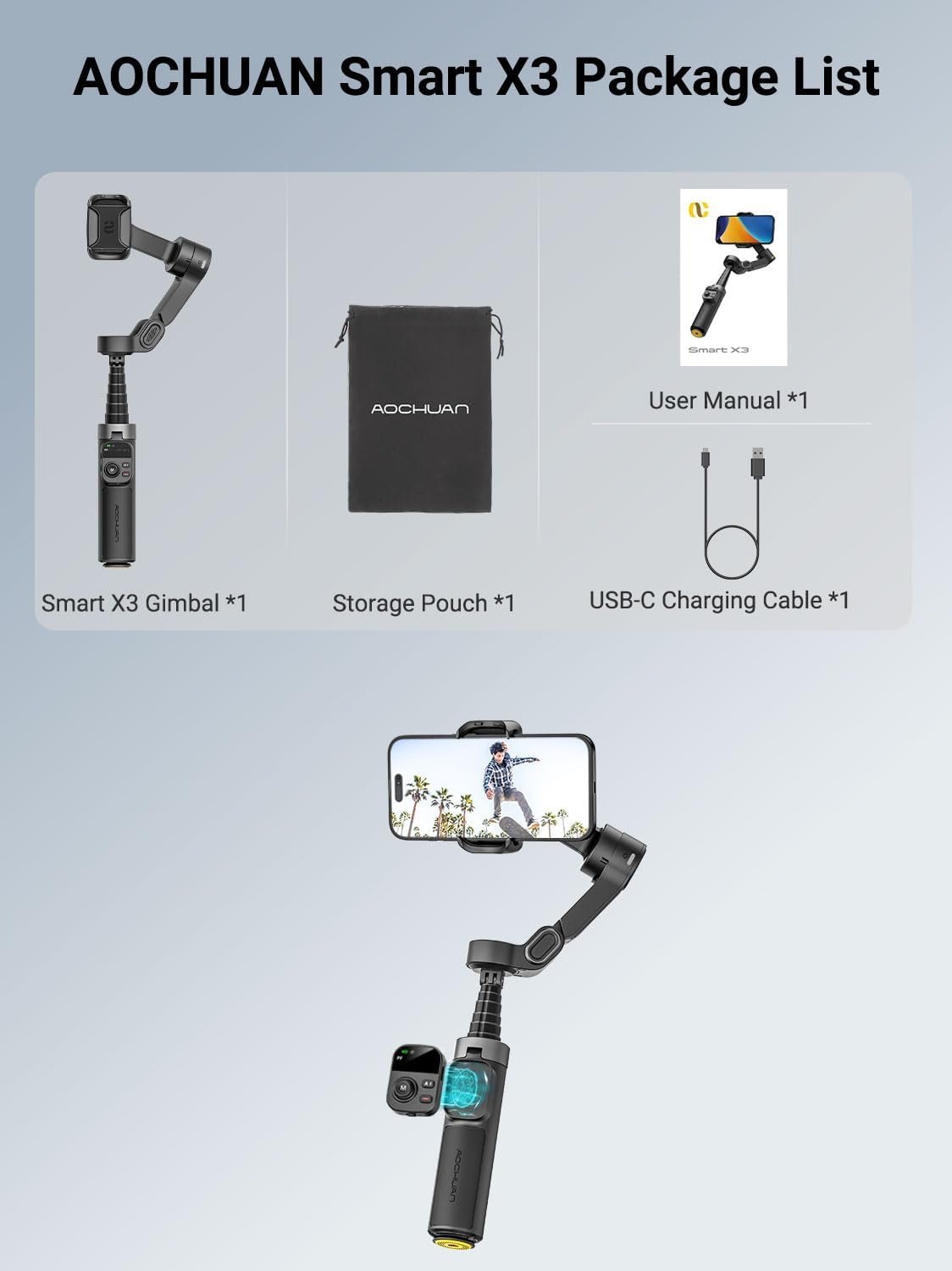 AOCHUAN Smart X3 - Estabilizador de cardán de rotación de 360° , control remoto magnético, trípode abierto de un solo toque - Image 7